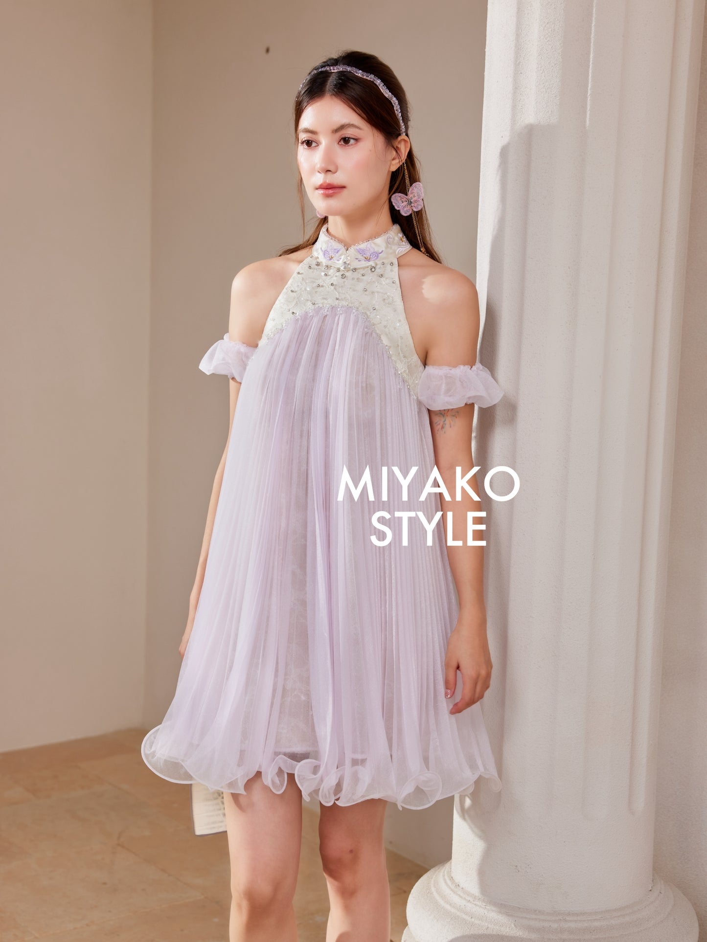 【倾国倾城】Goddess Premium Rhinestone Halter Dress in Purple 紫色女装挂脖连身裙
