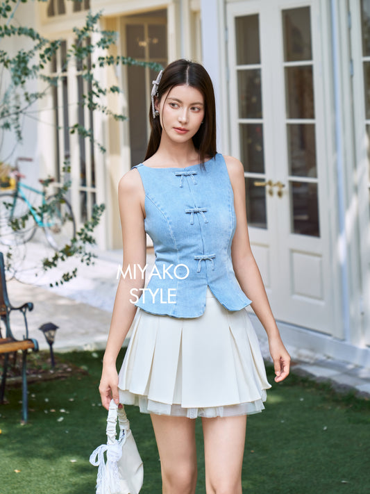 Miu Sleeveless Ribbon Top in Denim