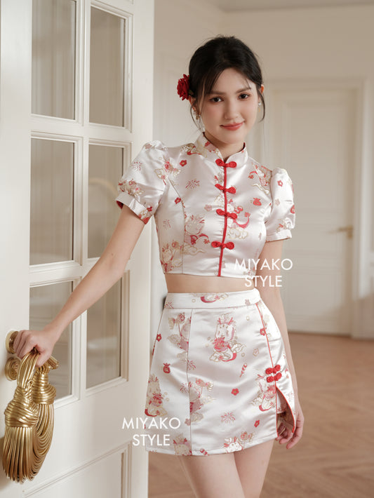 【喜乐龙龙】Joyful Dragon Cheongsam Short Blouse in Red 红色（直扣上衣only）