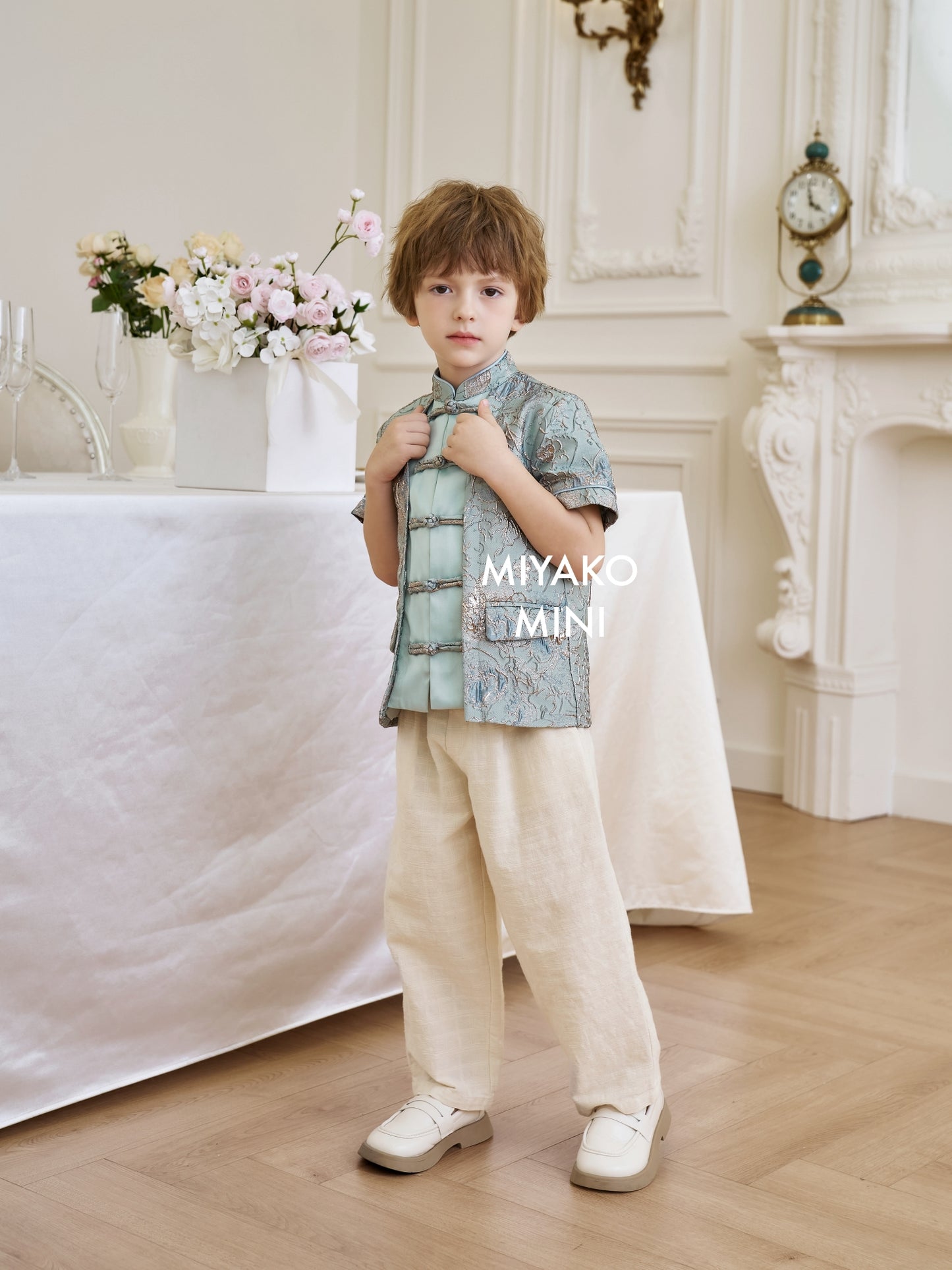 【万事如亿】Billionaire Premium Boy Suit Cheongsam in Sea Blue 绿蓝色小男孩唐装