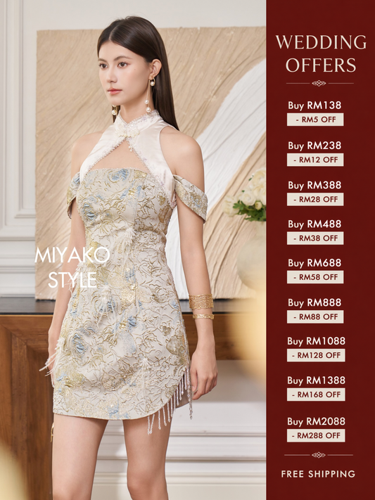 【万事如亿】Billionaire Embroidered Padded & Detachable Sleeve Mini Cheongsam Dress in Ash Beige 米灰色女装短款