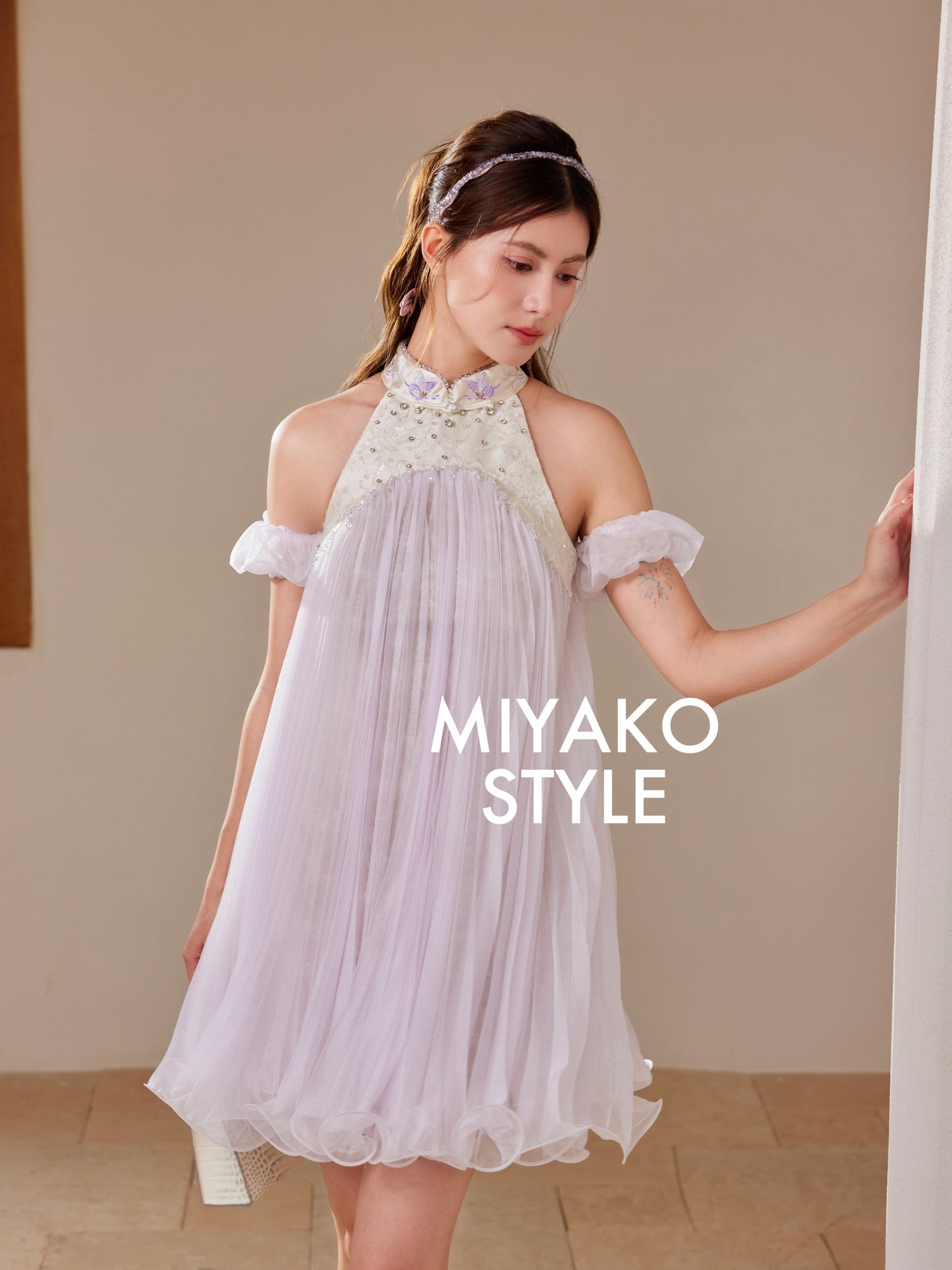 【倾国倾城】Goddess Premium Rhinestone Halter Dress in Purple 紫色女装挂脖连身裙