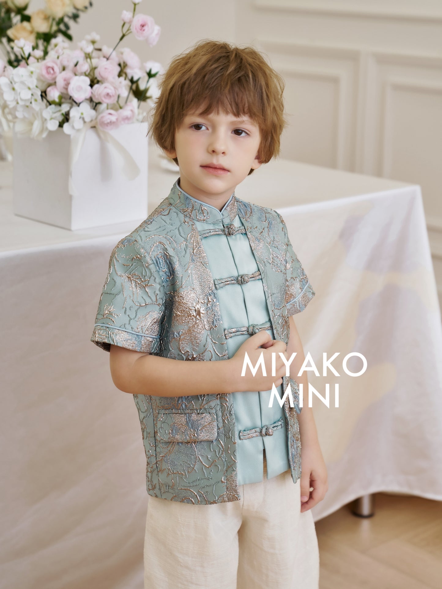 【万事如亿】Billionaire Premium Boy Suit Cheongsam in Sea Blue 绿蓝色小男孩唐装