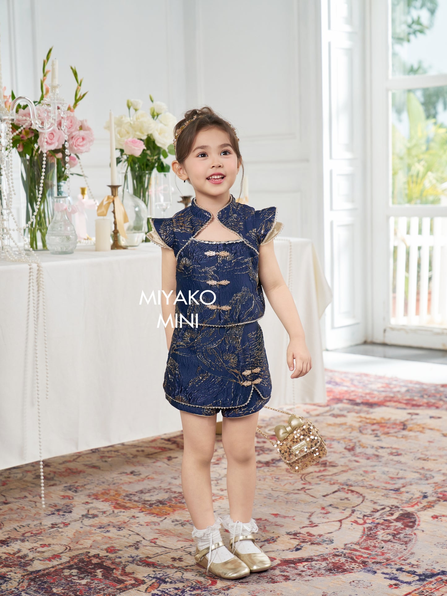 【人气小女团】Jenlisa Premium Cheongsam Girl Skirt in Golden Navy 深蓝色小女孩裙子