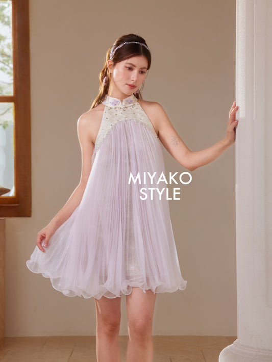 【倾国倾城】Goddess Premium Rhinestone Halter Dress in Purple 紫色女装挂脖连身裙