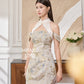 【万事如亿】Billionaire Embroidered Padded & Detachable Sleeve Mini Cheongsam Dress in Ash Beige 米灰色女装短款