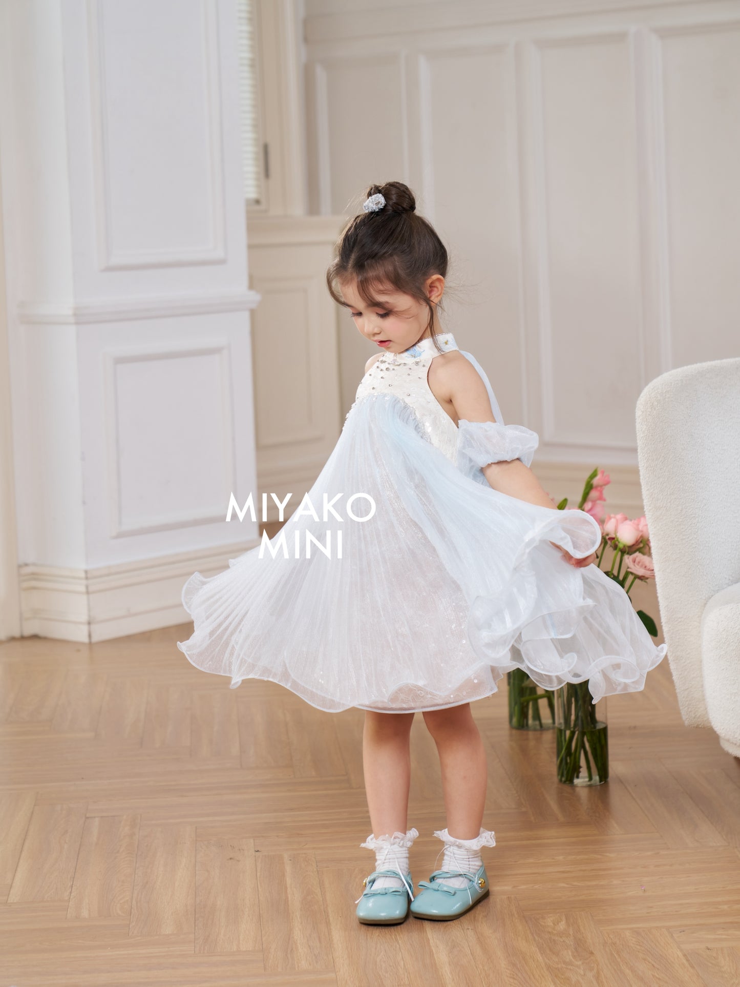 【倾国倾城】Goddess Premium Rhinestone Halter Girl Dress in Blue 蓝色小女孩挂脖连身裙