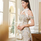 【万事如亿】Billionaire Embroidered Padded & Detachable Sleeve Mini Cheongsam Dress in Ash Beige 米灰色女装短款