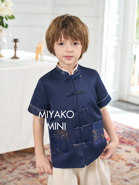 【人气小男团】Revolution Premium Cheongsam Boy Suit in Golden navy 深蓝色小男孩唐装