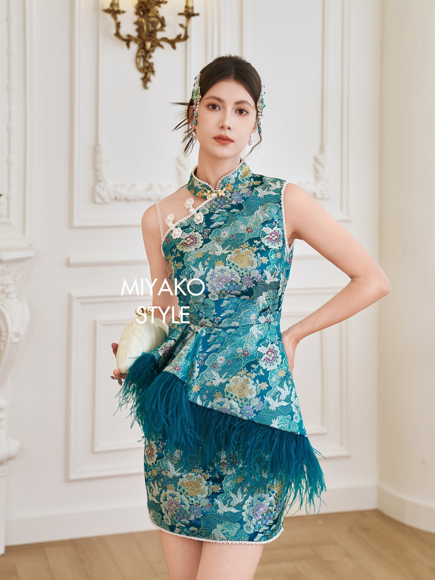 【名门望族】Noble Premium Fur Dress in Peacock Blue 孔雀蓝女装连身裙