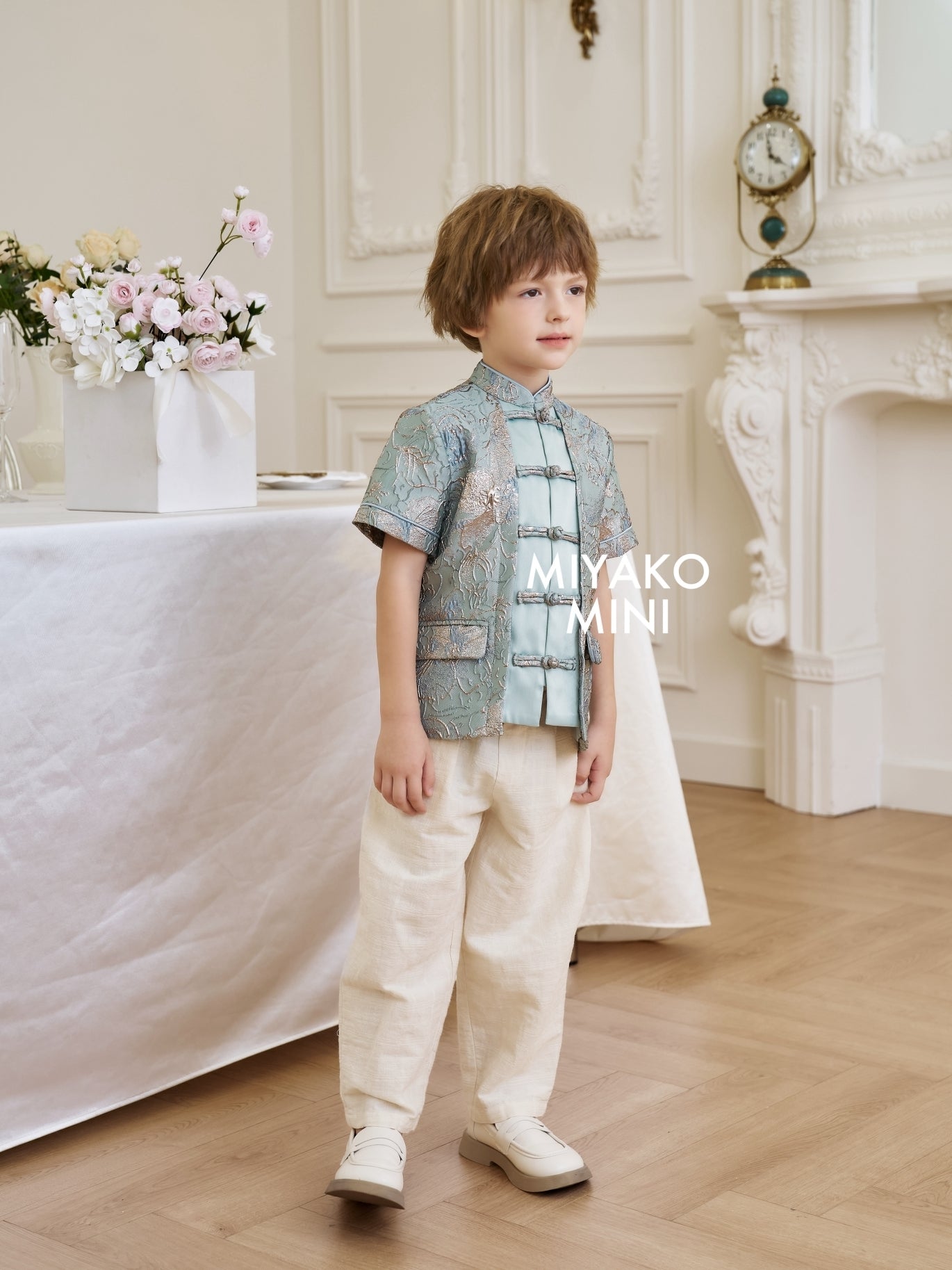 【万事如亿】Billionaire Premium Boy Suit Cheongsam in Sea Blue 绿蓝色小男孩唐装