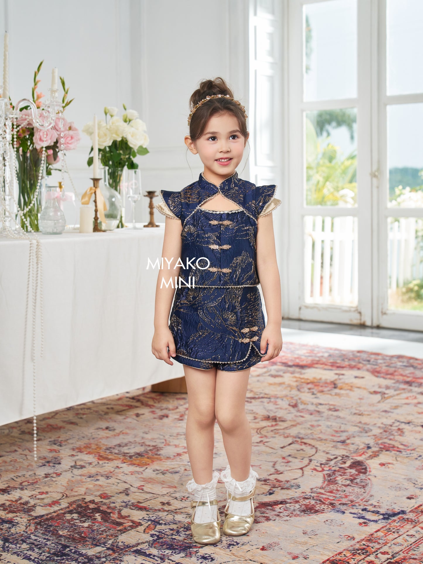 【人气小女团】Jenlisa Premium Cheongsam Girl Skirt in Golden Navy 深蓝色小女孩裙子
