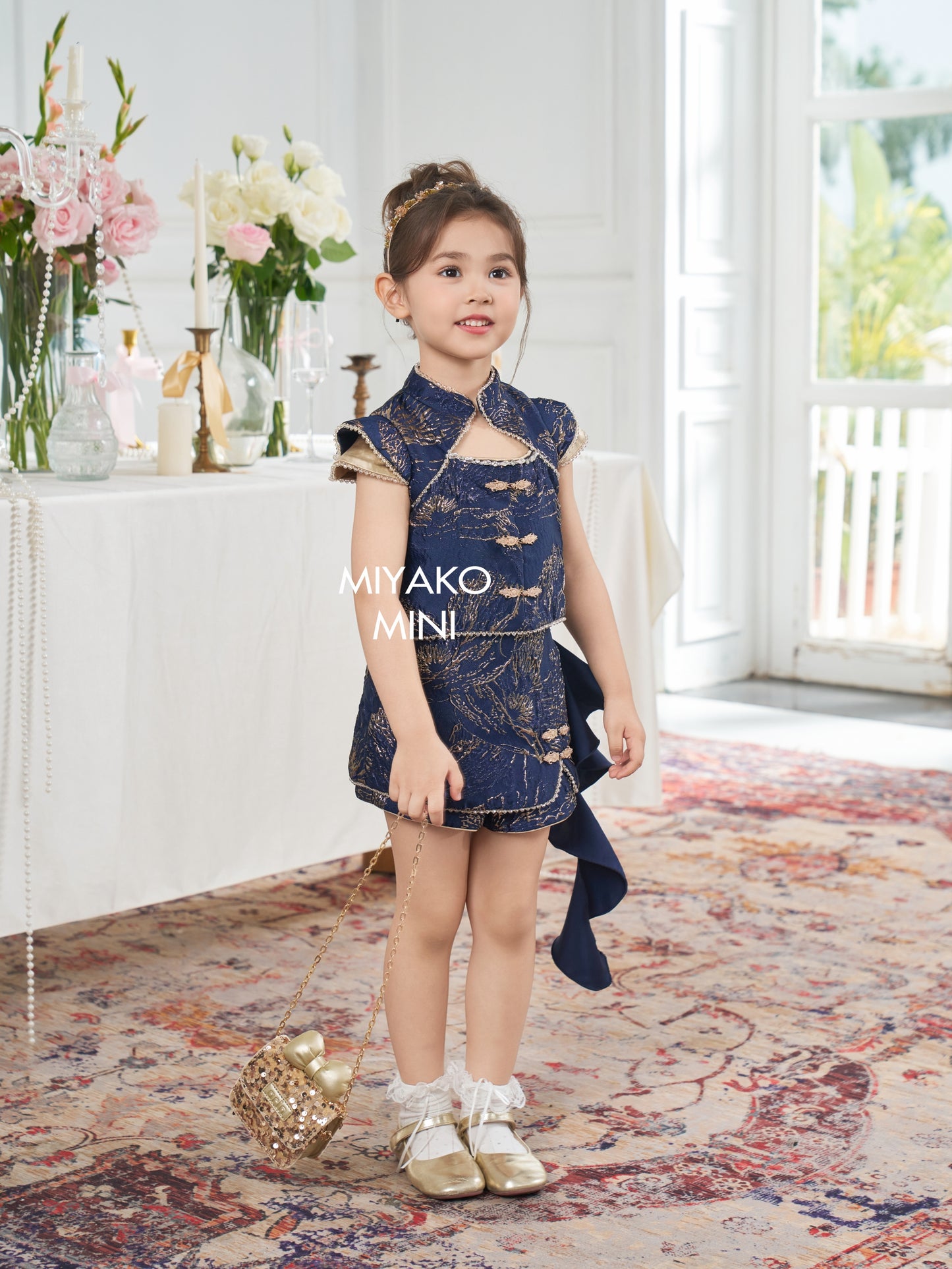 【人气小女团】Jenlisa Premium Cheongsam Girl Skirt in Golden Navy 深蓝色小女孩裙子