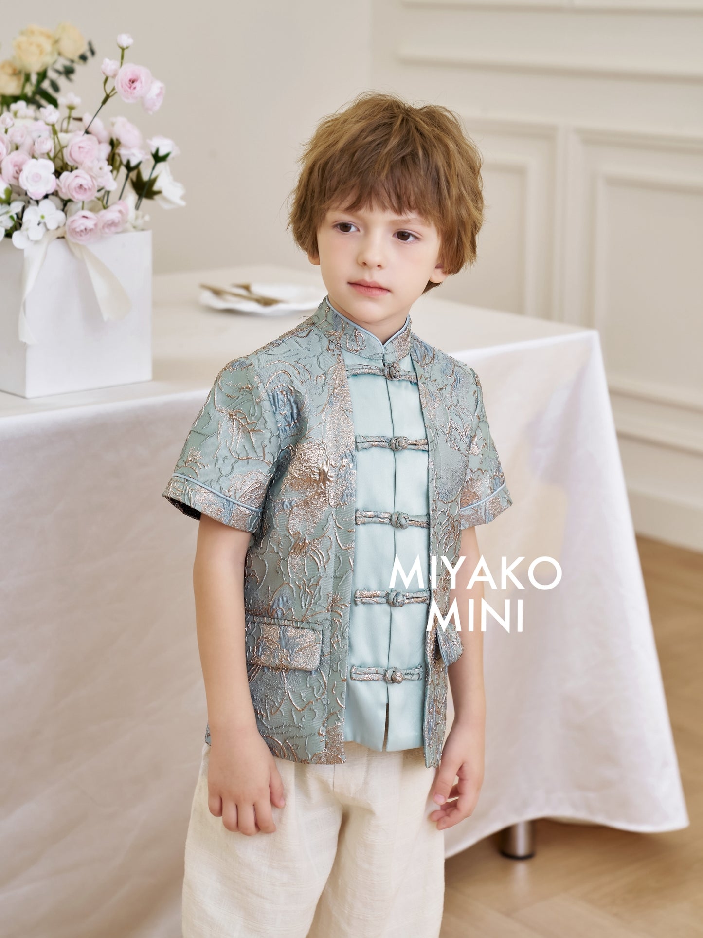 【万事如亿】Billionaire Premium Boy Suit Cheongsam in Sea Blue 绿蓝色小男孩唐装