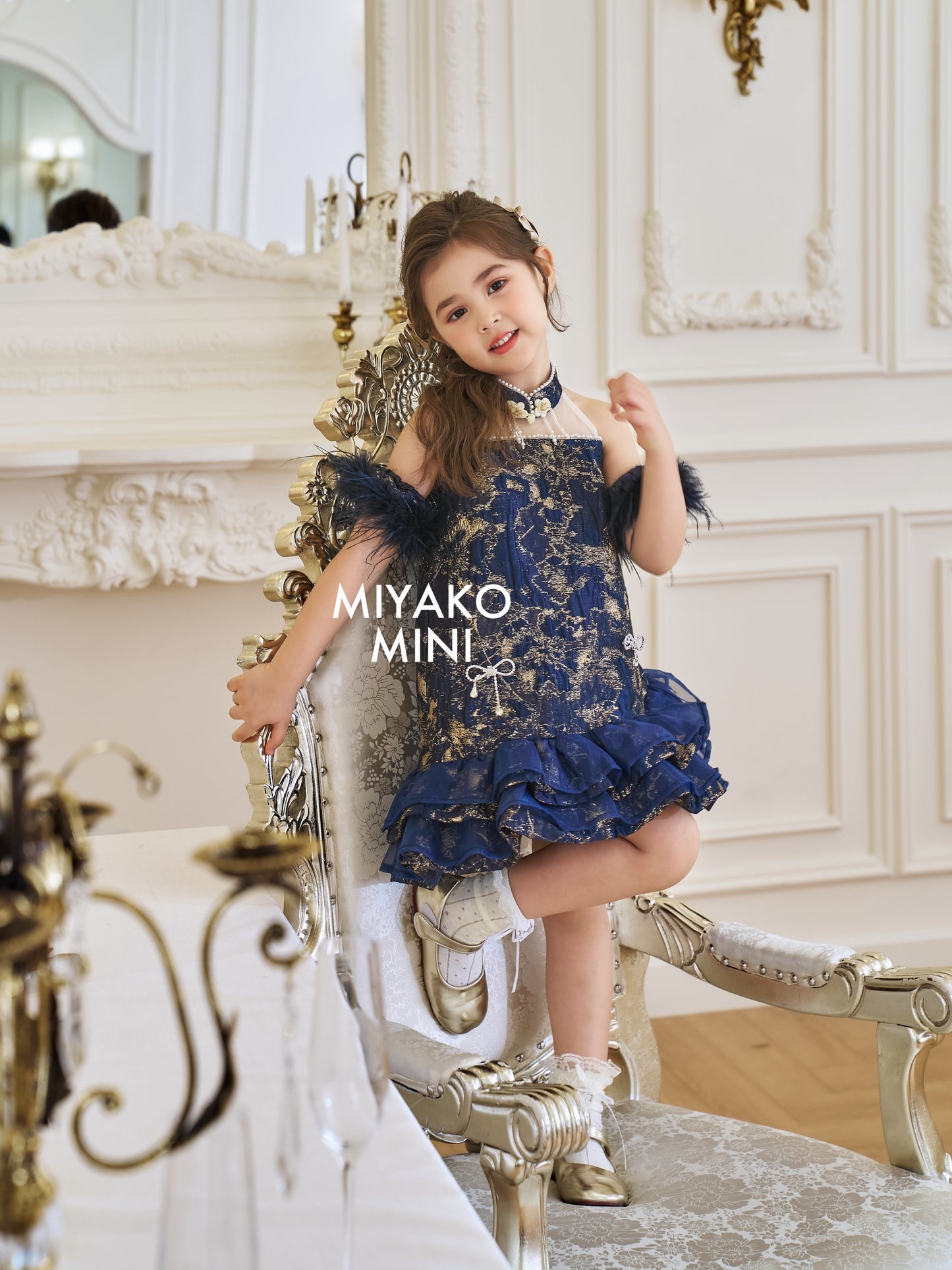 【星辰闪耀】Starlight Detachable Fur Sleeve Girl Dress in Golden Navy 小女孩连身裙