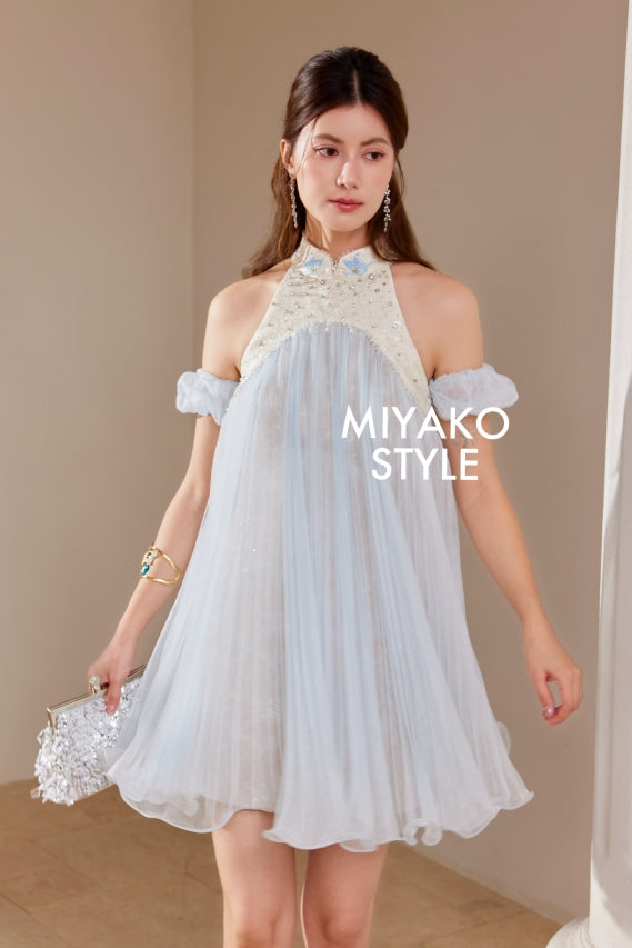 【倾国倾城】Goddess Premium Rhinestone Halter Dress in Blue 蓝色女装挂脖连身裙