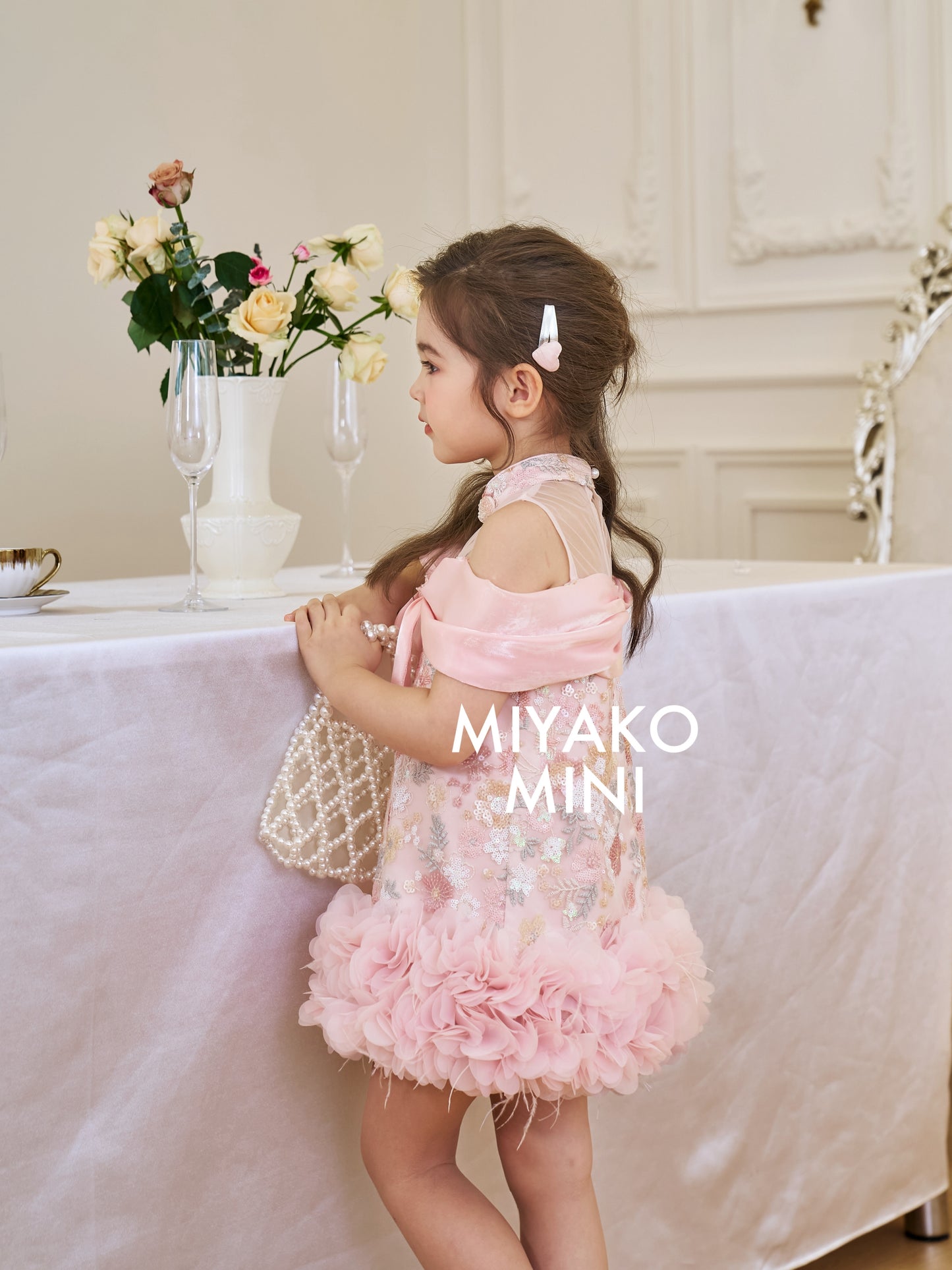 【春暖花开】Aurora Ribbon Off Shoulder Girl Dress in Pink 小女孩粉色连身裙