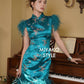 【孔雀开屏】Feather Cheongsam Dress in Blue 孔雀蓝女装连身裙