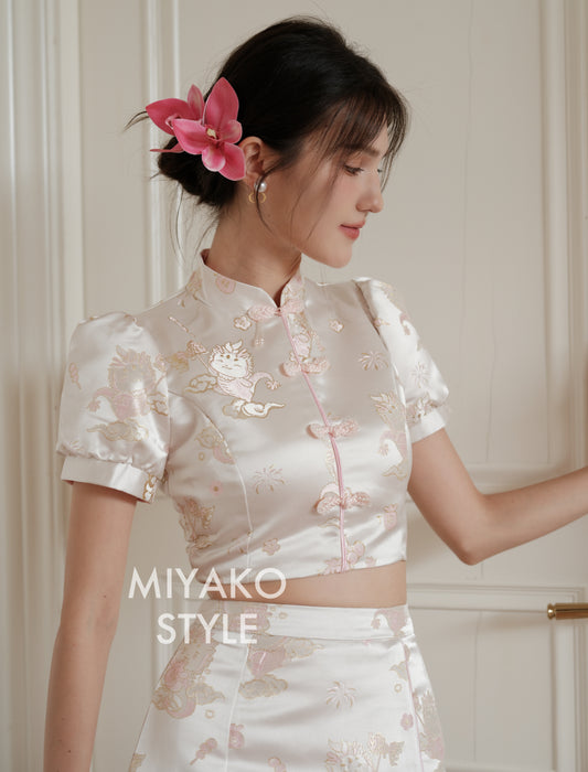 【喜乐龙龙】Joyful Dragon Cheongsam Short Blouse in Pink 粉扣（直扣上衣only）