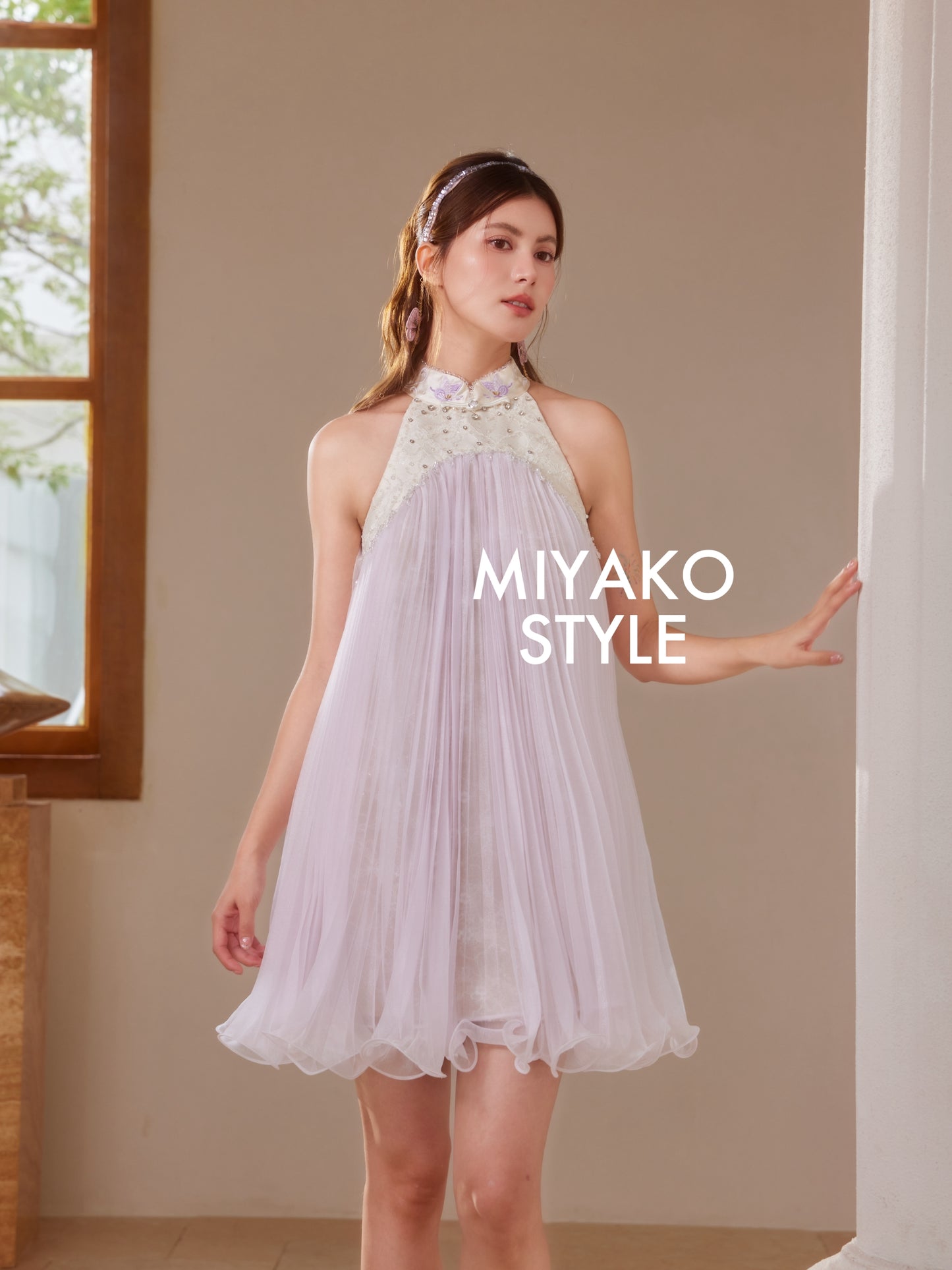 【倾国倾城】Goddess Premium Rhinestone Halter Dress in Purple 紫色女装挂脖连身裙