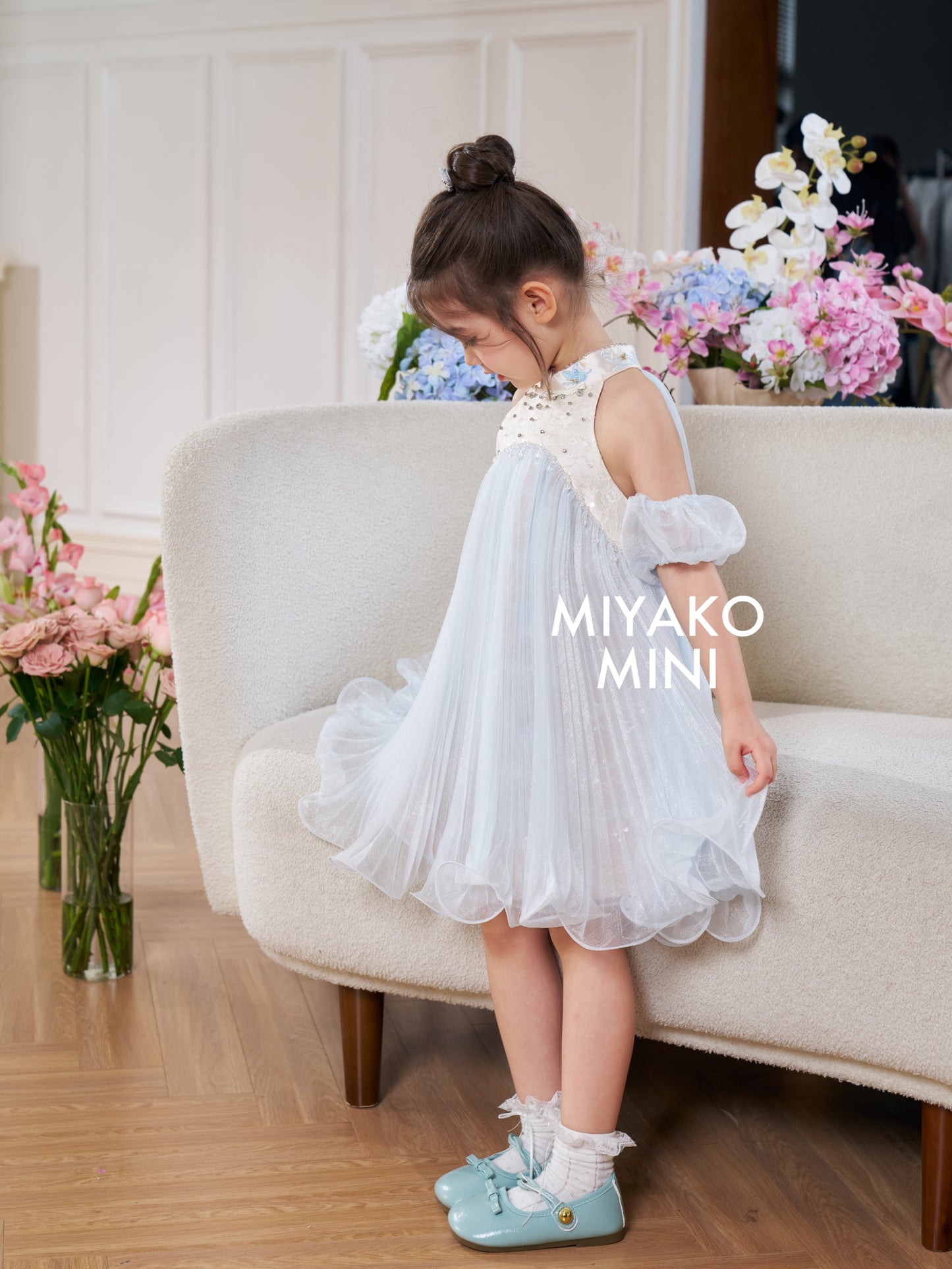 【倾国倾城】Goddess Premium Rhinestone Halter Girl Dress in Blue 蓝色小女孩挂脖连身裙