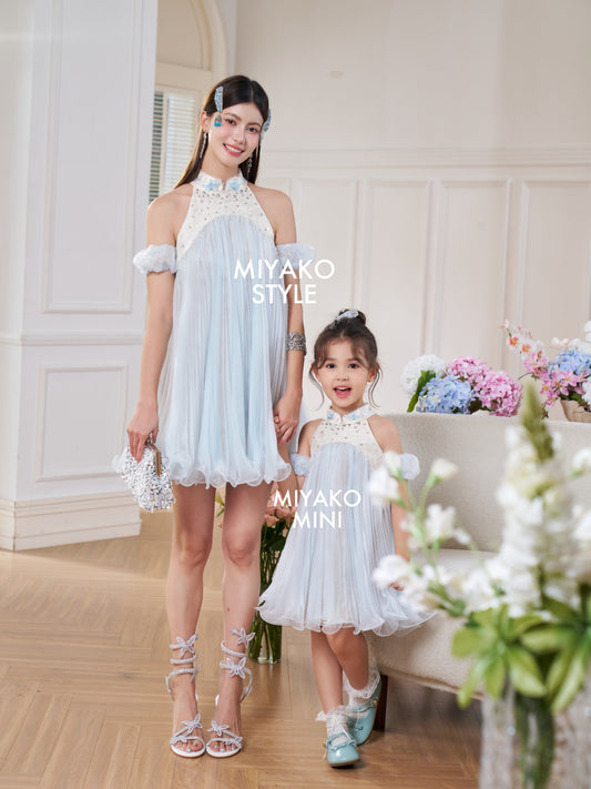 【倾国倾城】Goddess Premium Rhinestone Halter Girl Dress in Blue 蓝色小女孩挂脖连身裙