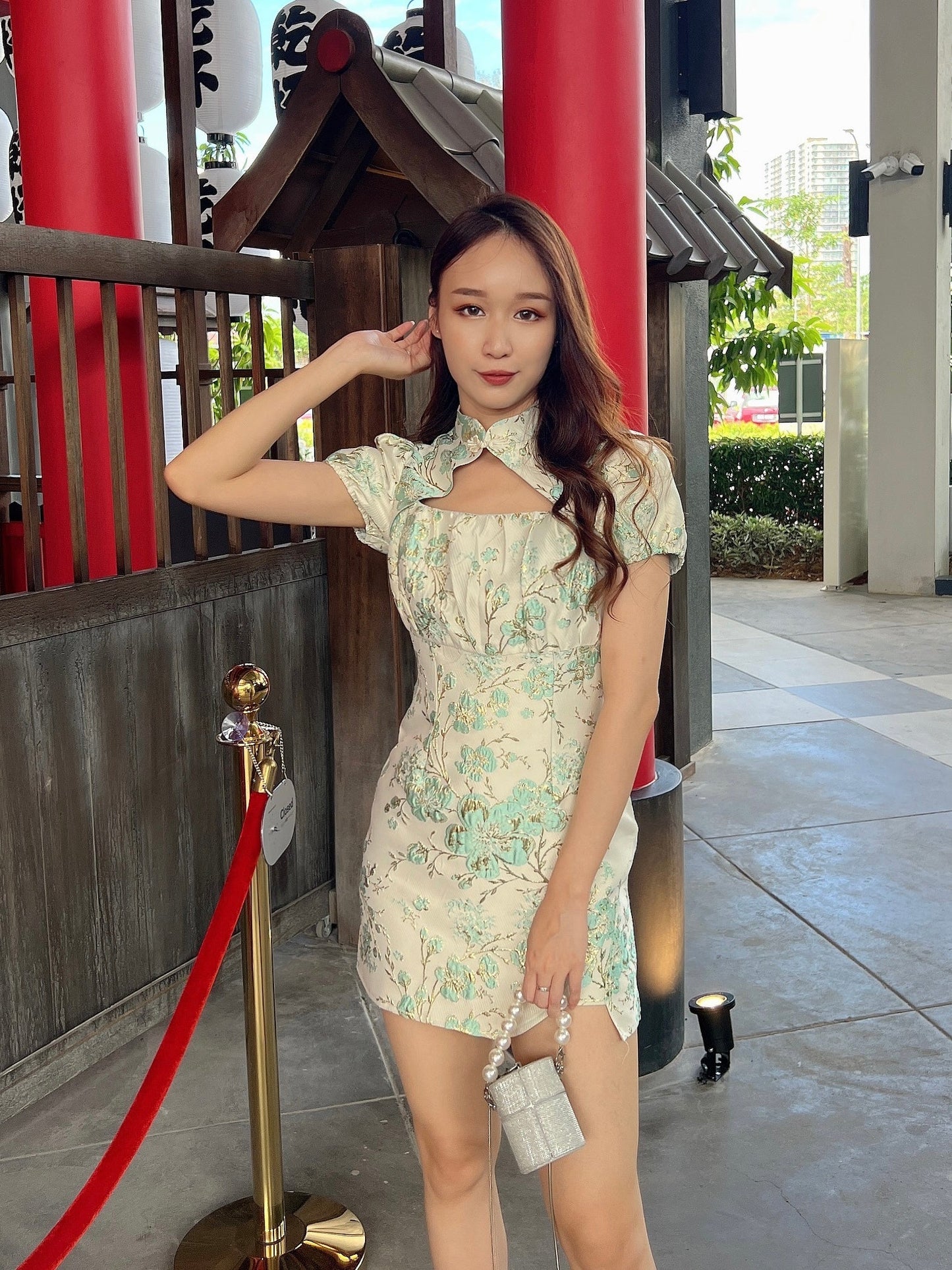 (DEFECT) Chic Cheongsam Dress in Pink/Green