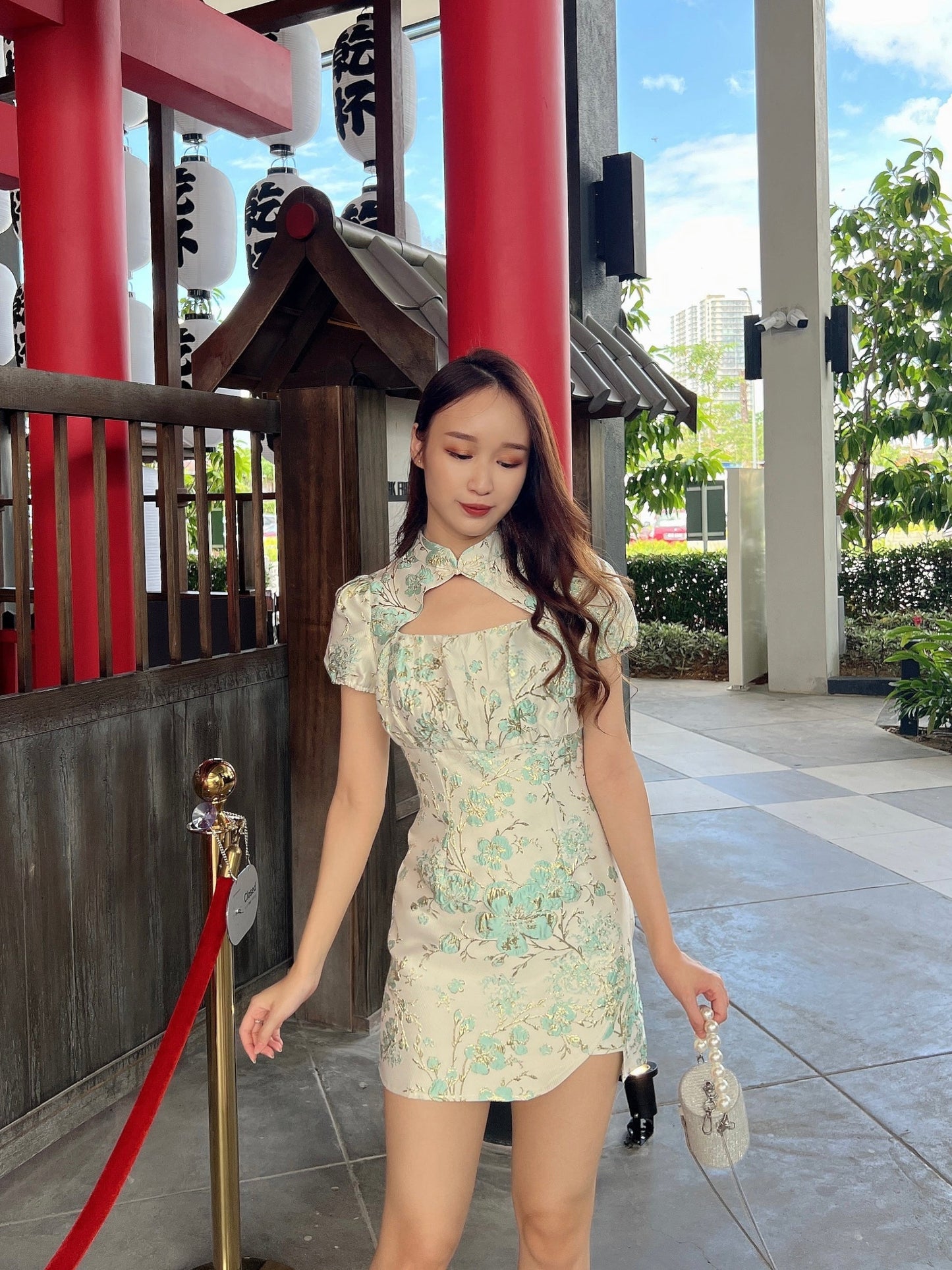 (DEFECT) Chic Cheongsam Dress in Pink/Green