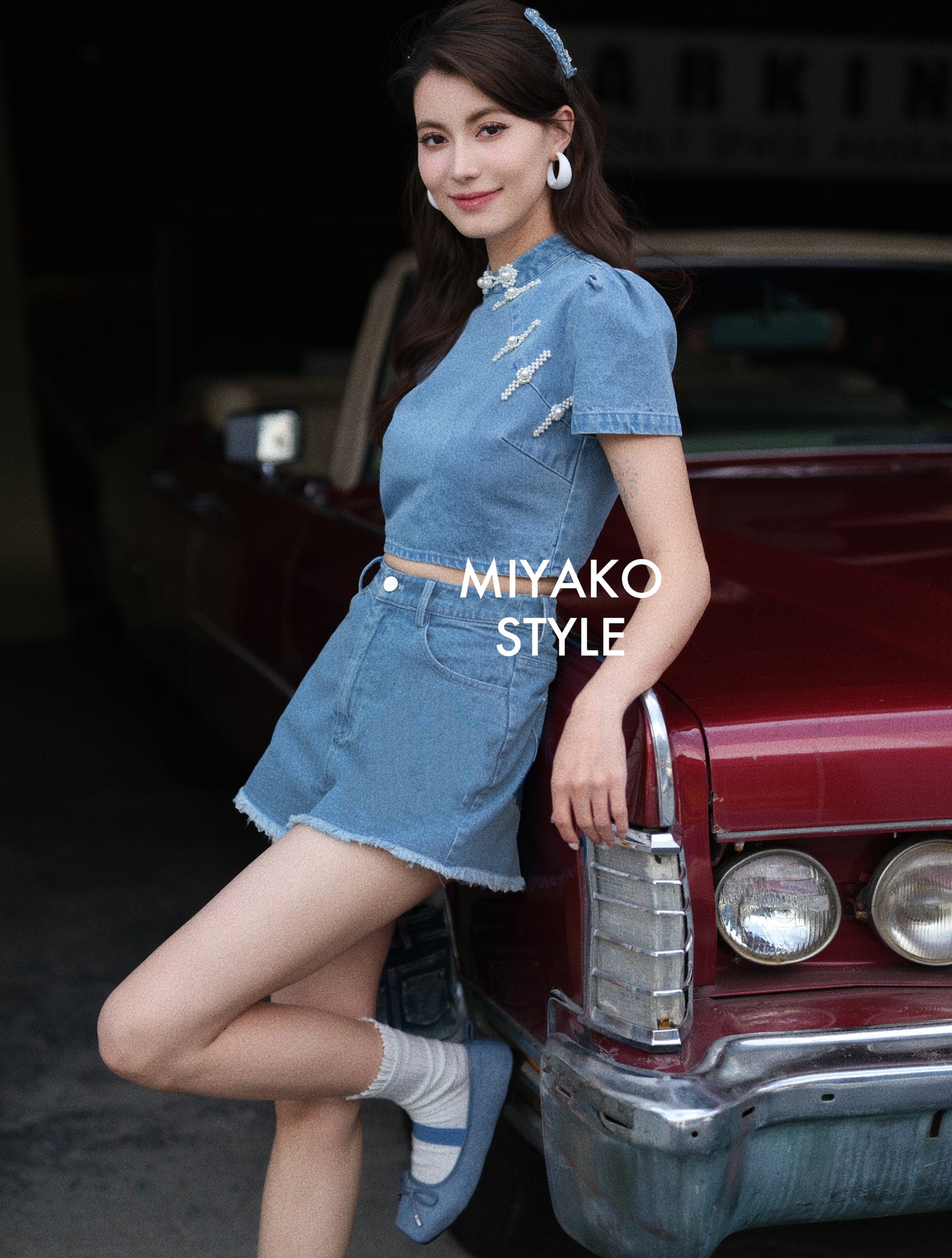 【时尚牛仔】Denim Cheongsam Short Sleeve Top (短袖上衣TOP ONLY)