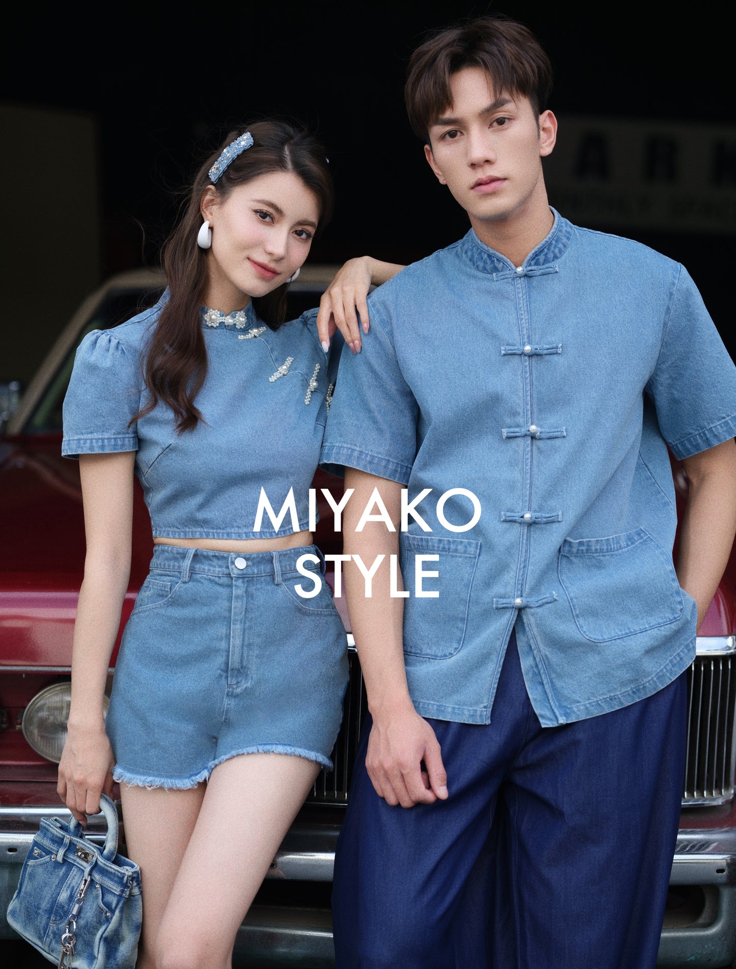 【时尚牛仔】Denim Cheongsam Short Sleeve Top (短袖上衣TOP ONLY)