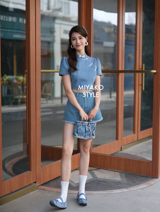 【时尚牛仔】Denim Cheongsam Short Sleeve Top (短袖上衣TOP ONLY)