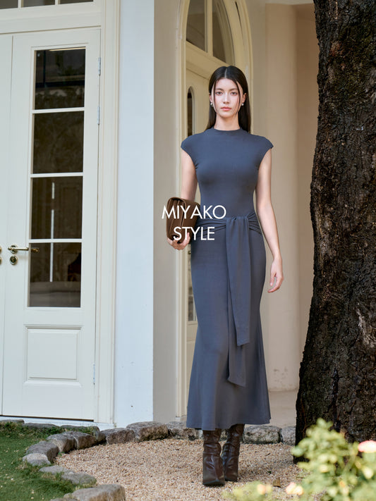 Vivienne High Neck Long Dress in Grey