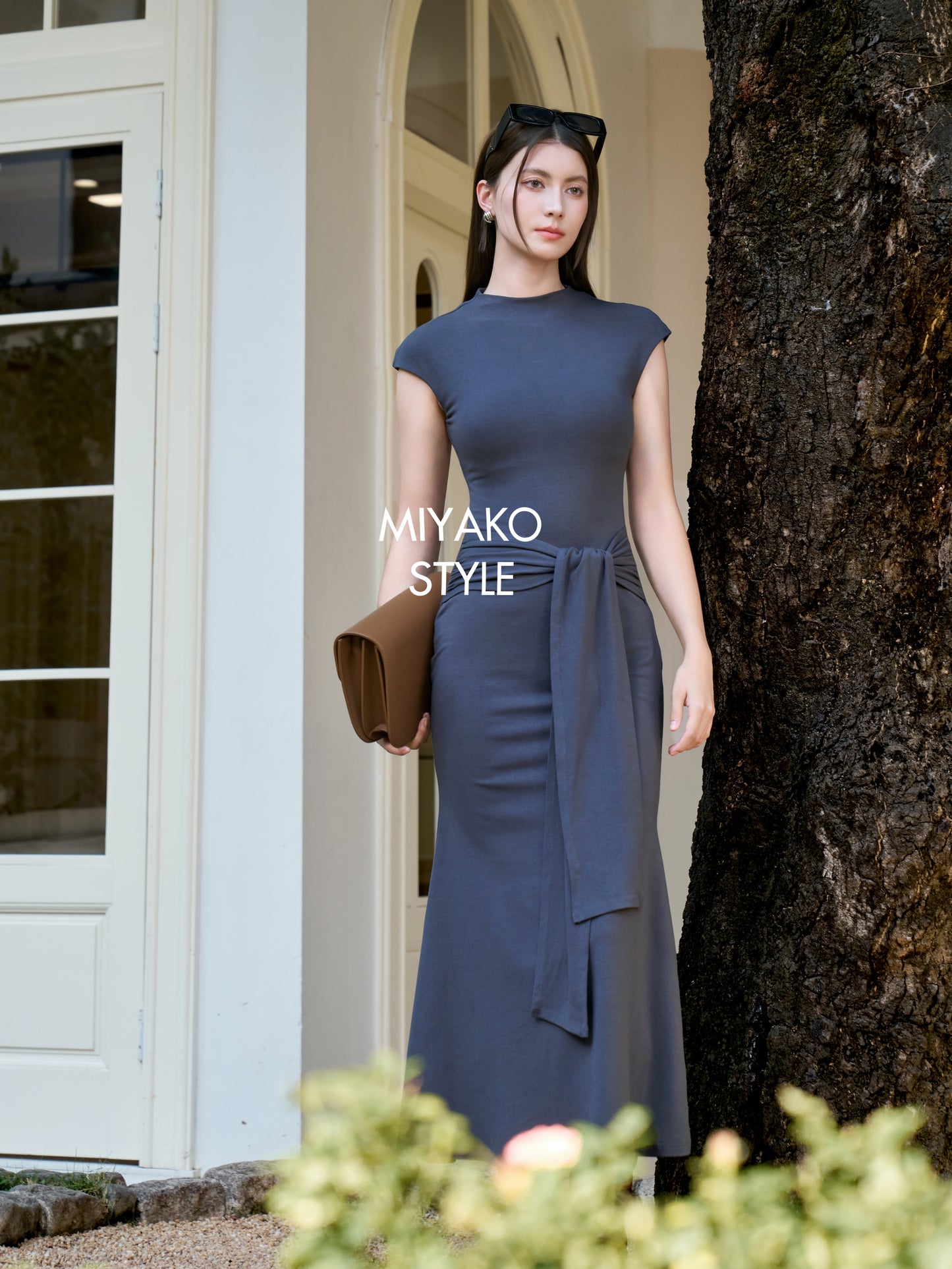 Vivienne High Neck Long Dress in Grey