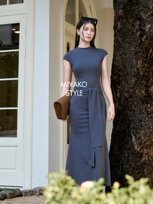 Vivienne High Neck Long Dress in Grey