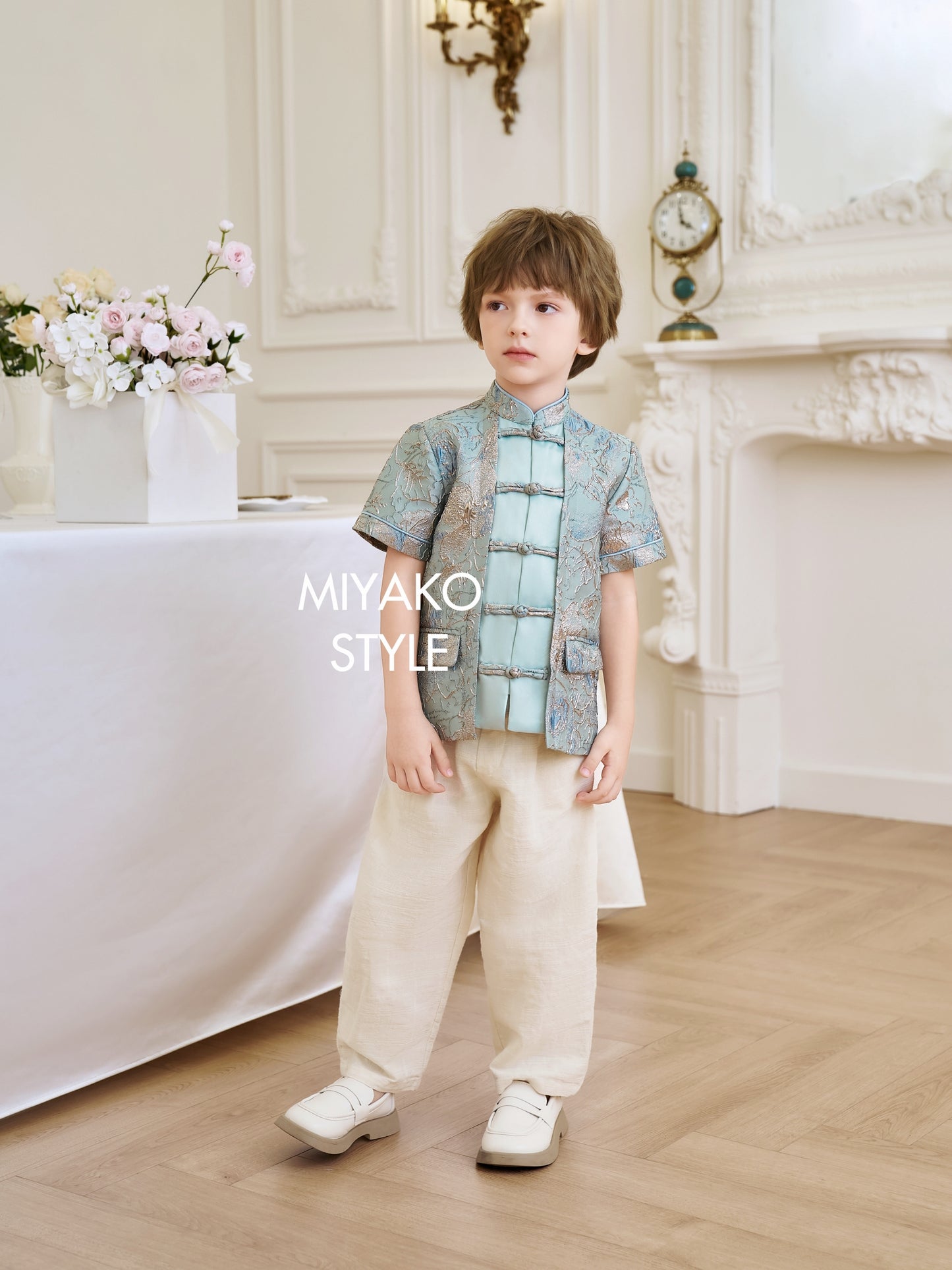 【万事如亿】Billionaire Premium Boy Suit Cheongsam in Sea Blue 绿蓝色小男孩唐装