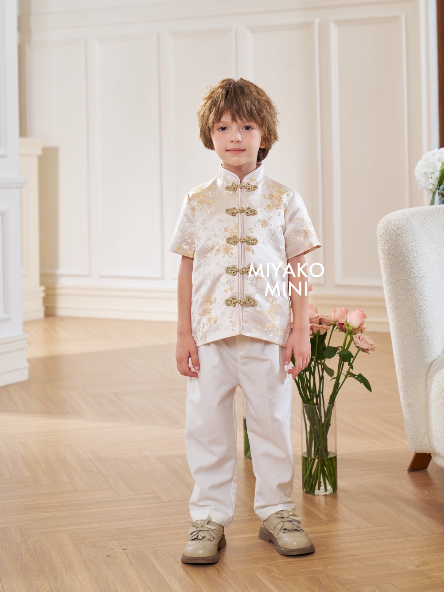 【孔雀开屏】Feather Cheongsam Little Boy Suit in Pink 香槟粉小男孩唐装
