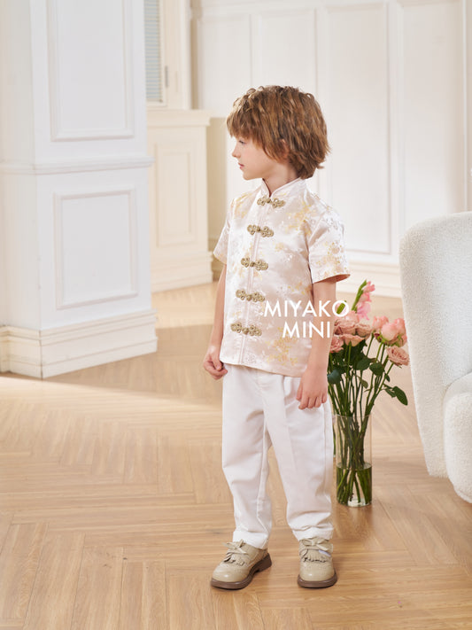 【孔雀开屏】Feather Cheongsam Little Boy Suit in Pink 香槟粉小男孩唐装