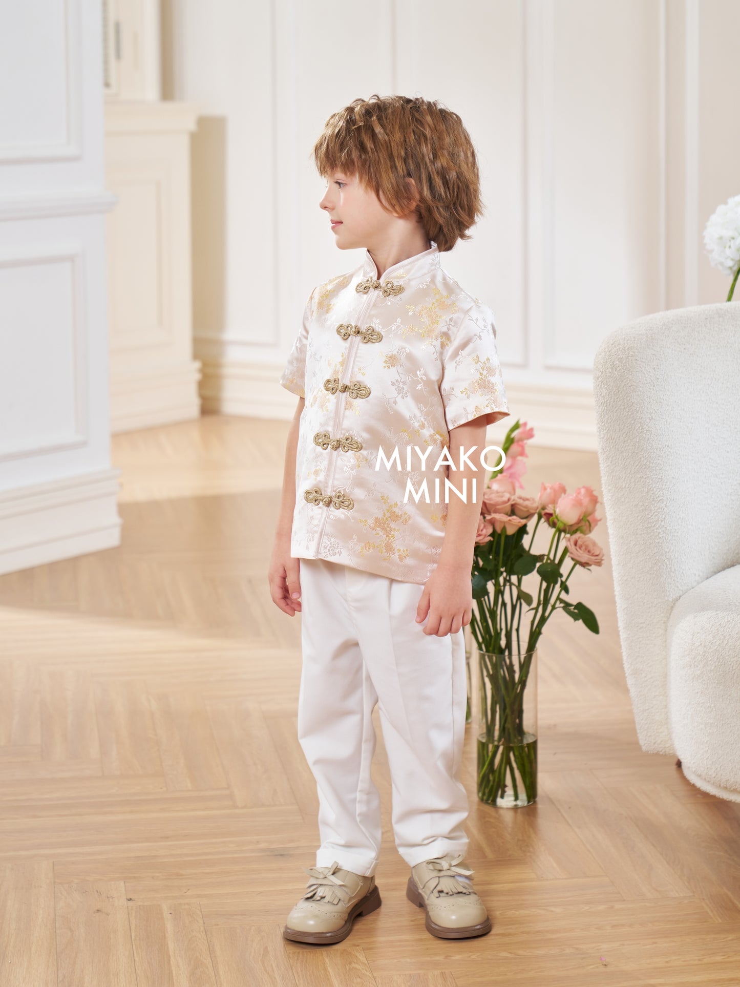 【孔雀开屏】Feather Cheongsam Little Boy Suit in Pink 香槟粉小男孩唐装