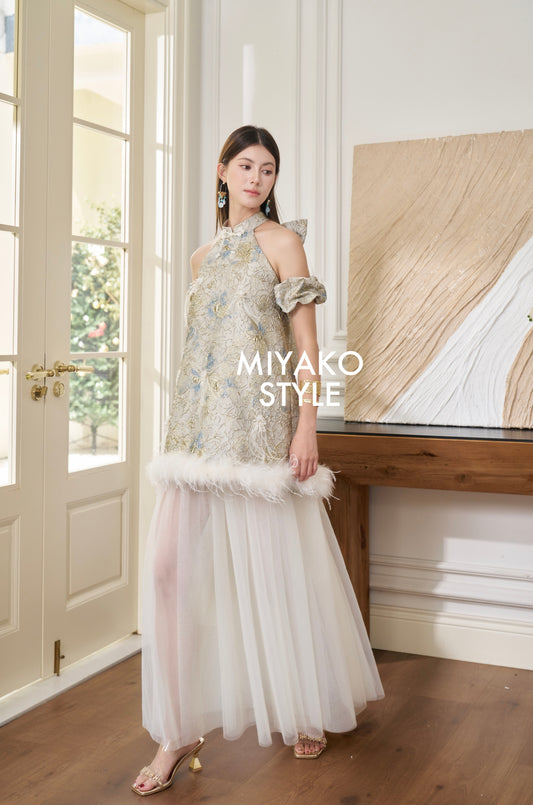 【万事如亿】Billionaire Detachable Sleeve Halter Dress in Ash Beige 米灰色女装挂脖连身裙