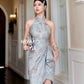 【万事如亿】Billionaire Padded & Detachable Sleeve Midi Cheongsam Dress in Sea Blue 绿蓝色女装长款