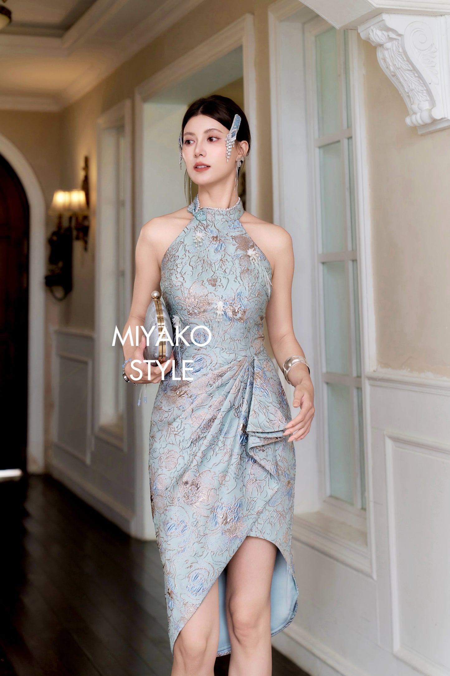 【万事如亿】Billionaire Padded & Detachable Sleeve Midi Cheongsam Dress in Sea Blue 绿蓝色女装长款