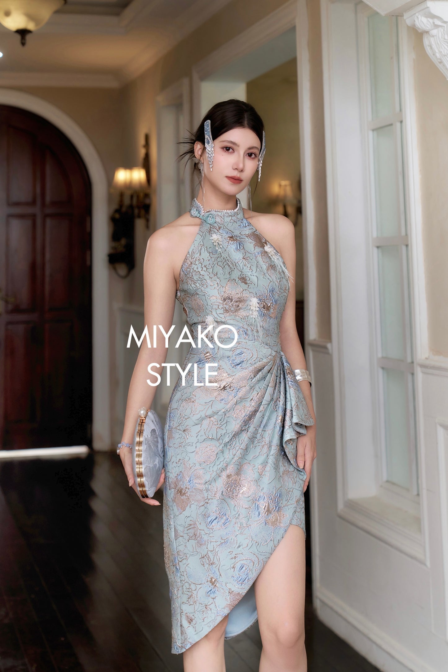 【万事如亿】Billionaire Padded & Detachable Sleeve Midi Cheongsam Dress in Sea Blue 绿蓝色女装长款