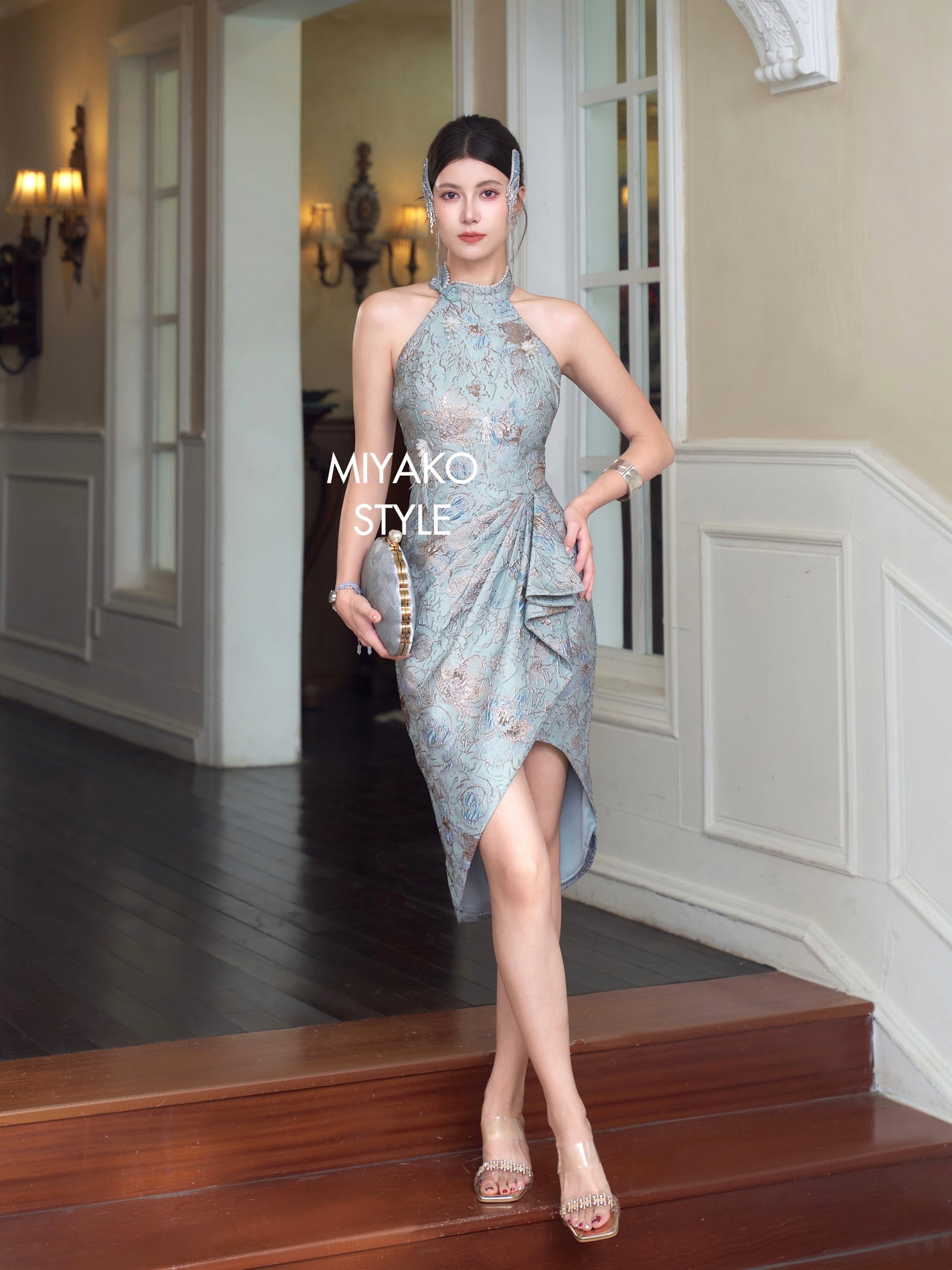 【万事如亿】Billionaire Padded & Detachable Sleeve Midi Cheongsam Dress in Sea Blue 绿蓝色女装长款