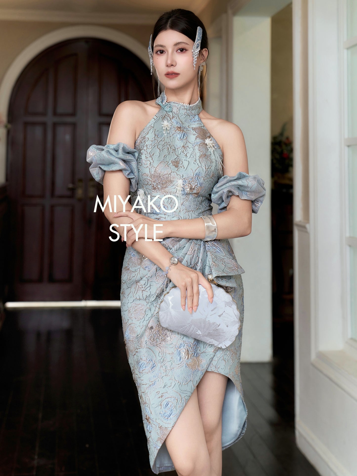 【万事如亿】Billionaire Padded & Detachable Sleeve Midi Cheongsam Dress in Sea Blue 绿蓝色女装长款