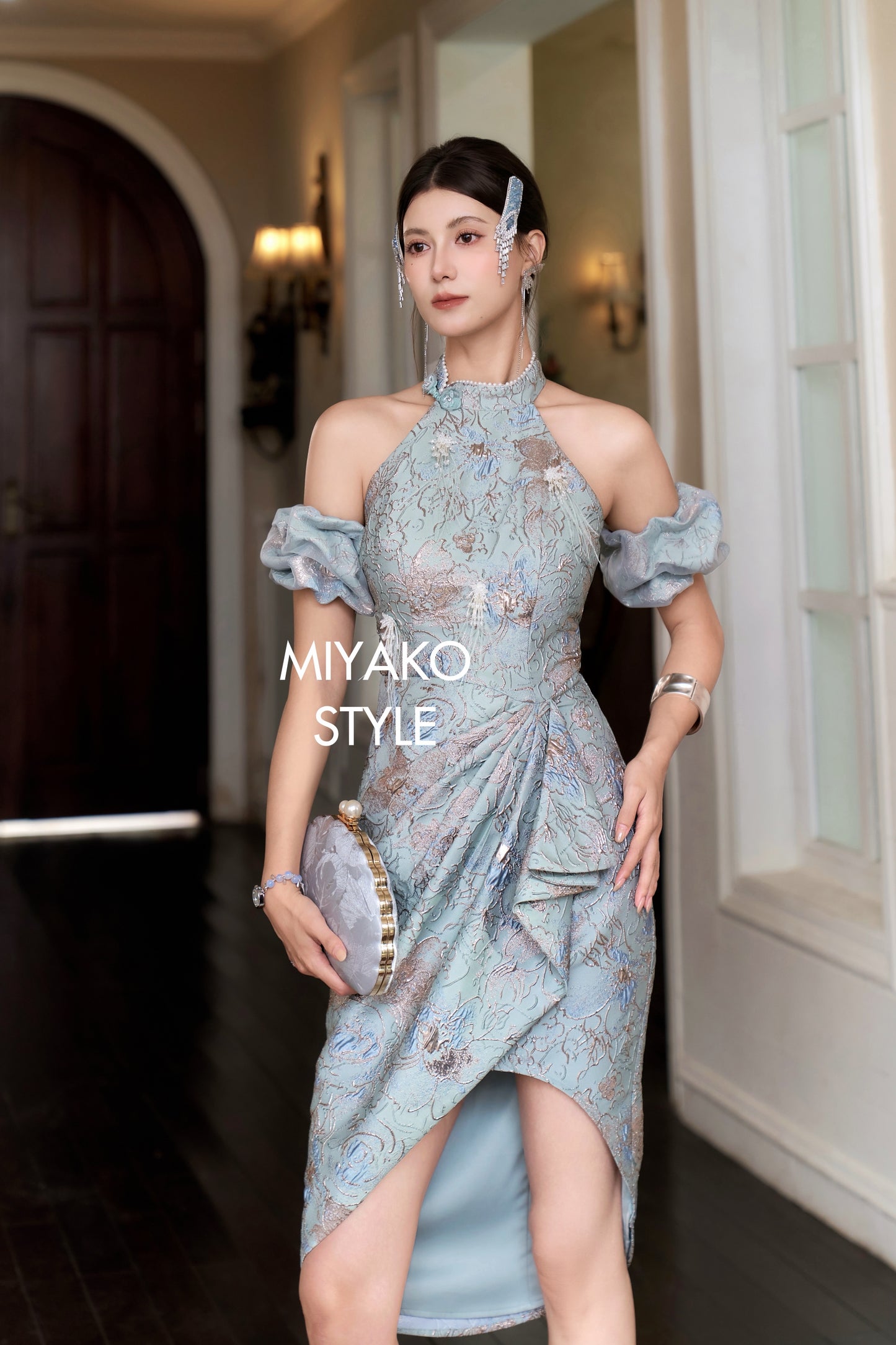 【万事如亿】Billionaire Padded & Detachable Sleeve Midi Cheongsam Dress in Sea Blue 绿蓝色女装长款