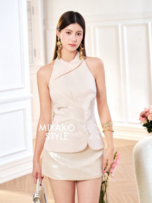 Rosy 3D Halter Top in Beige White