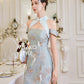 【万事如亿】Billionaire Embroidered Padded & Detachable Sleeve Mini Cheongsam Dress in Sea Blue 绿蓝色女装短款