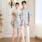 【万事如亿】Billionaire Embroidered Padded & Detachable Sleeve Mini Cheongsam Dress in Sea Blue 绿蓝色女装短款