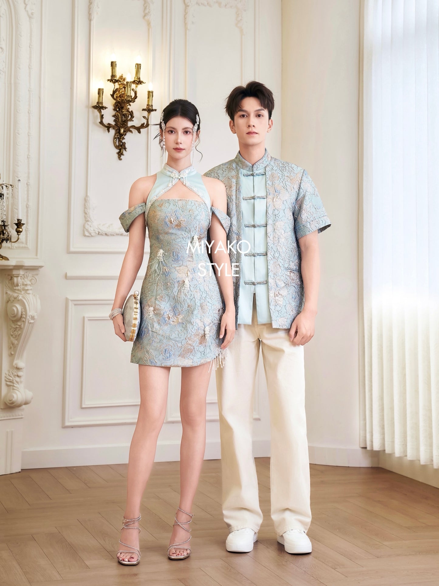 【万事如亿】Billionaire Embroidered Padded & Detachable Sleeve Mini Cheongsam Dress in Sea Blue 绿蓝色女装短款