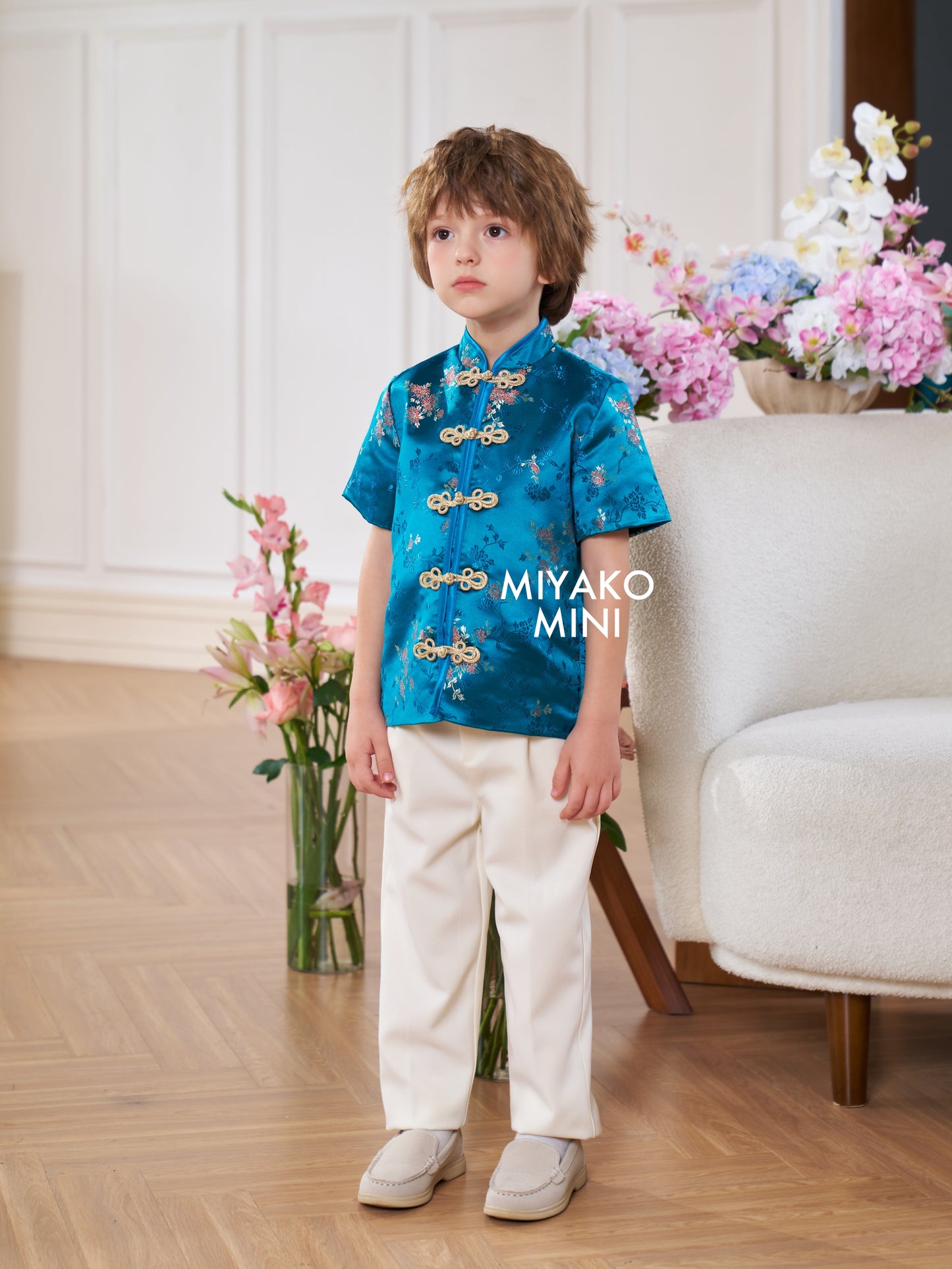 【孔雀开屏】Feather Cheongsam Little Boy Suit in Blue 孔雀蓝小男孩唐装